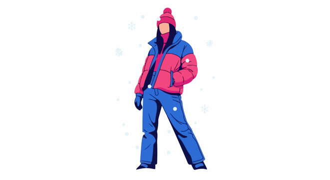 Person in colorful winter clothing standing amidst snowflakes
