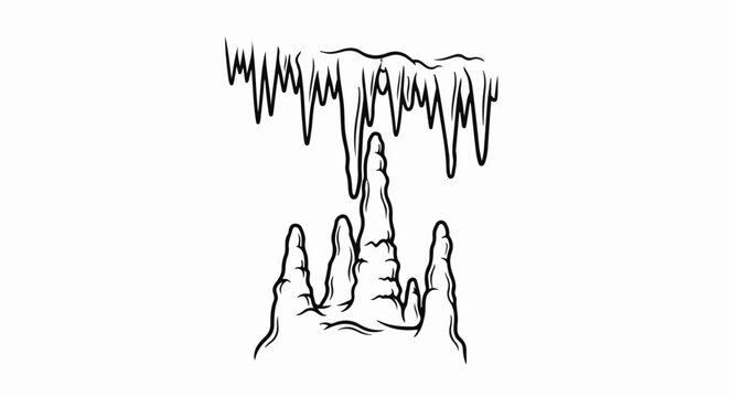 A sketch of dripping stalactites meeting rising stalagmites within a cave