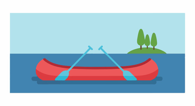 A red canoe with oars rests on calm blue water near a small island