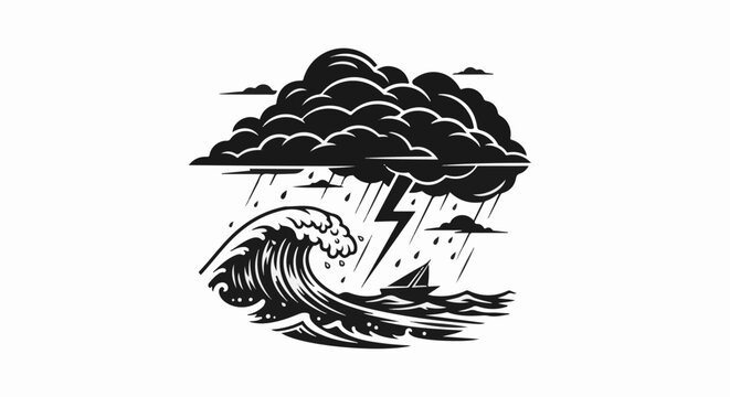 Stormy seas with a sailboat amidst lightning and rain under dark clouds