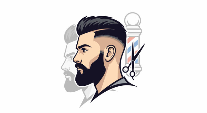 Stylized barber logo with profile of man, barber pole, scissors