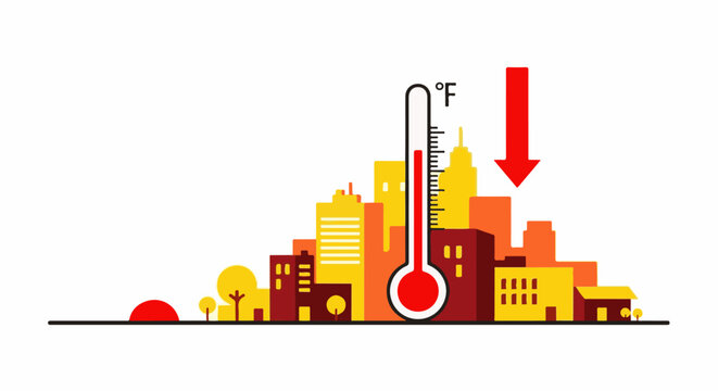 Stylized city skyline with thermometer indicating cooling temperatures under red arrow