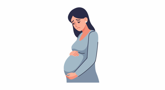 A pregnant woman cradles her belly, looking sad and tired