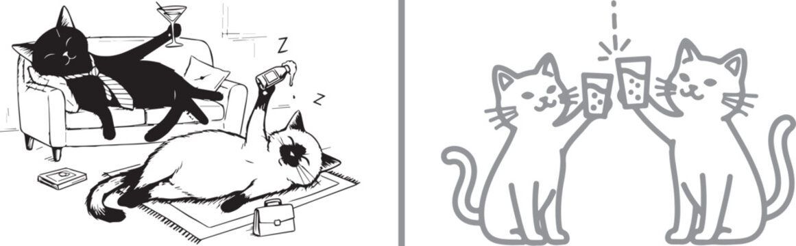 Anthropomorphic cat illustrations drinking alcohol and celebrating. Representing office workers relaxing, party culture, and humorous feline behavior