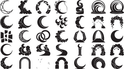 Set of black and white moon icons and crescent shapes with artistic patterns and decorative celestial designs for graphic design and night sky art isolated on white background, Vector, illustration © shihab