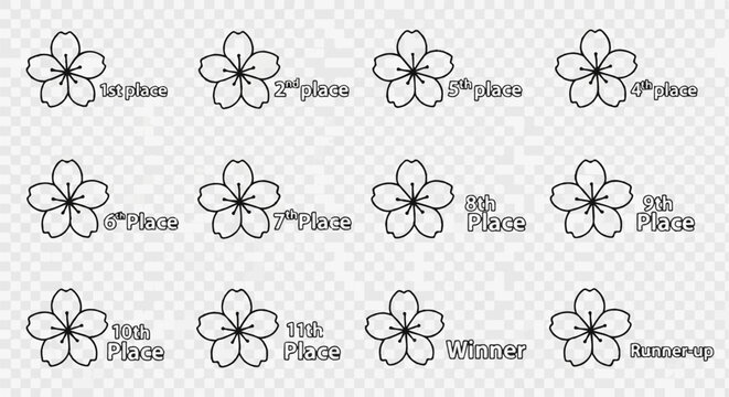 A display of cherry blossoms representing different award placements, from first to eleventh, winner, and runner-up