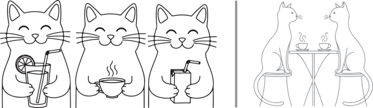 Vector line art of cute cartoon cats drinking coffee tea and juice. Ideal for coloring books cafe menus and children's activities