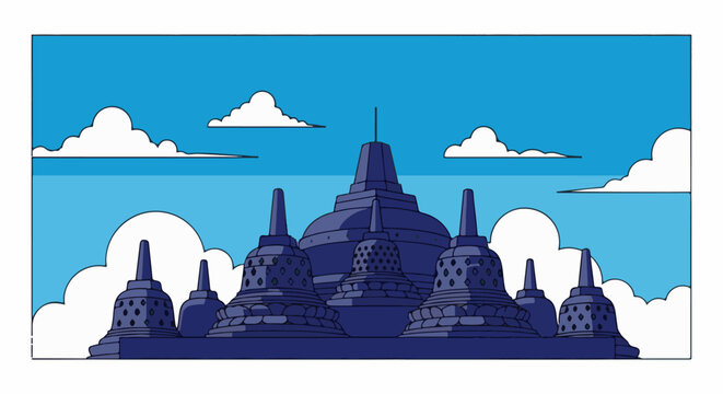 A pixelated depiction of ancient stupas under a bright blue sky