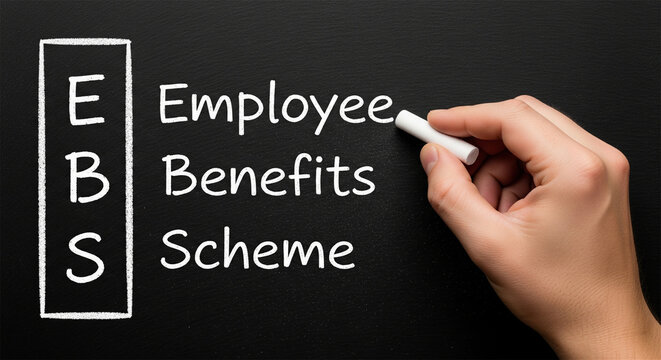 Employee Benefits Scheme acronym EBS written on blackboard, human hand with white chalk, corporate compensation and staff welfare concept
