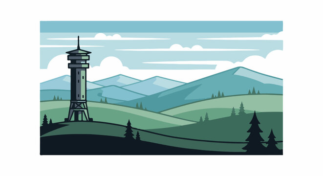 Stylized mountain landscape with a prominent observation tower