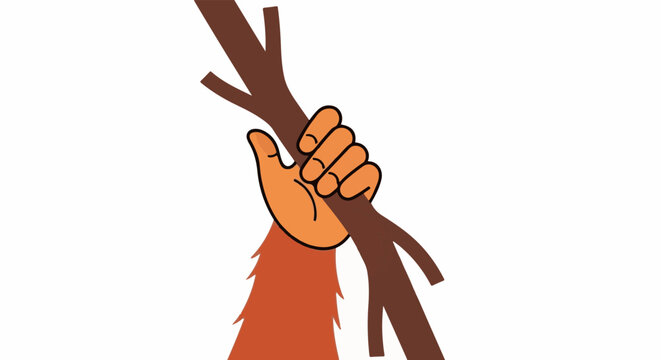 A furry orange arm grips a brown stick with multiple branches