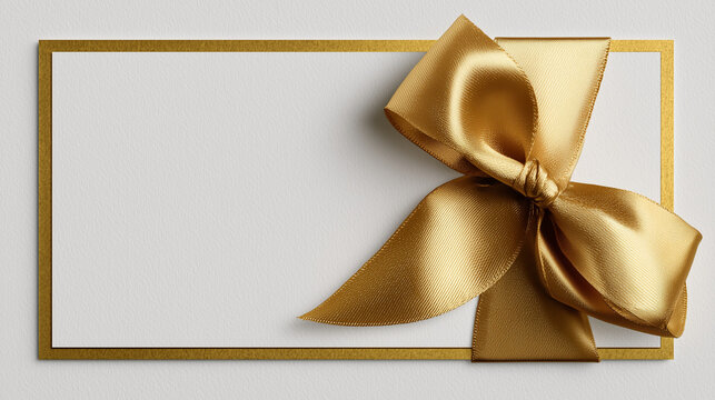 Blank white gift card or invitation envelope decorated with an elegant golden satin ribbon bow, isolated on transparent background.	