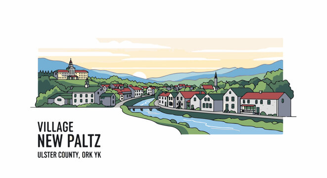 A pixelated scenic view of a village with a river and mountains under a soft sky