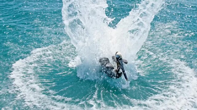 A dynamic frame captures a thrilling dive into the refreshing ocean waters, creating an explosive splash with powerful currents and a sense of invigorating aquatic adventure
