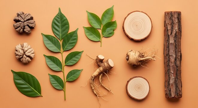 Butea superba botanical collection featuring fresh green leaves, medicinal roots, and wood cross sections displayed on an orange background for herbal medicine concepts.