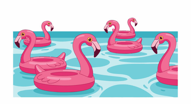 A group of pink flamingo inflatable pool floats bobbing in the clear blue water