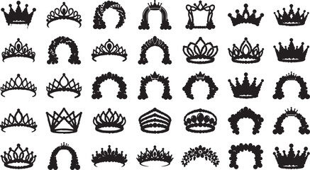 Set of black crown and tiara icons for royal design elements and luxury fashion accessories collection in a simple flat graphic style illustration isolated on white background, Vector, illustration © shihab