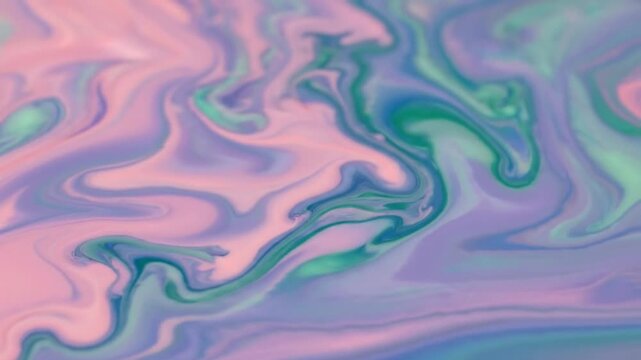 Abstract liquid marble background featuring soft pastel shades of pink, lavender purple, and light teal green swirling together in a fluid, dreamlike motion pattern with smooth transitions.