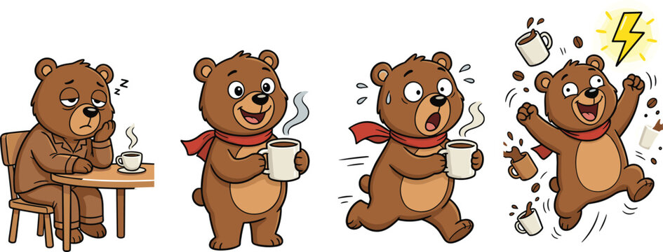 cute little bear cartoon character set showing coffee energy stages from sleepy and tired to active and hyper animal mascot vector illustration collection