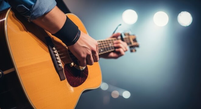 Closeup of a musician playing an acoustic guitar on stage under bright spotlights