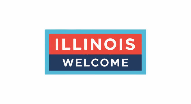 A graphic with the words Illinois Welcome in white text on red and blue blocks