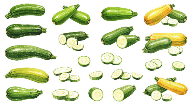 Watercolor illustrations of zucchini isolated on a transparent background. Set of fresh vegetables for healthy food design, card, poster, textile, menu, book, sticker, packing, label.	
