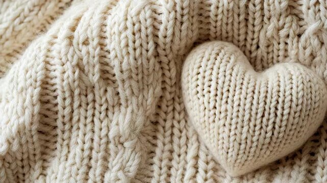 A soft knit heart rests on a warm blanket in a home setting. The blanket features a textured pattern and creates a cozy atmosphere for autumn