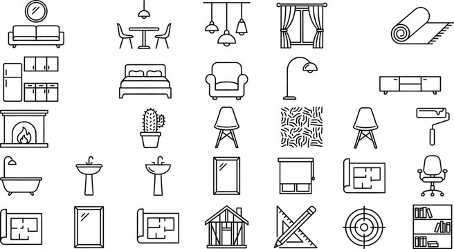 Interior Design and Home Furniture Outline Icon Set Featuring Living Room, Kitchen, Bedroom, and Decoration Elements in Minimal Line Art Style