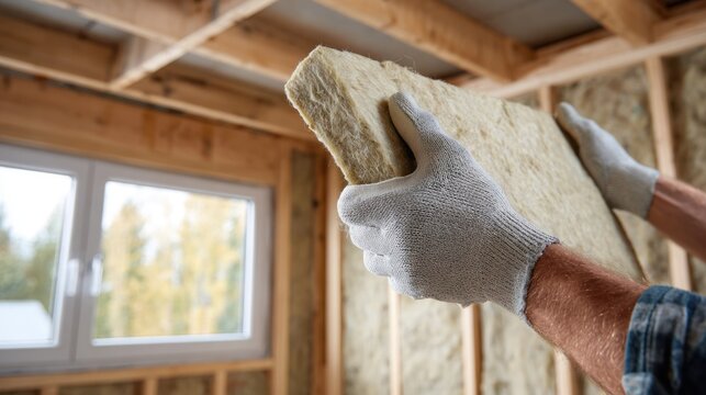 Worker installing insulation in a wooden framed building