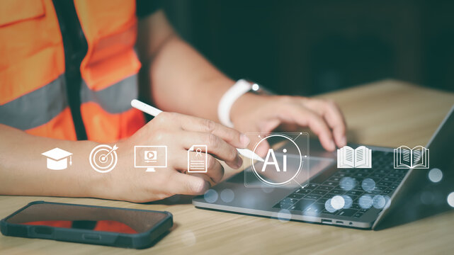 Engineer in safety vest working on laptop with AI icons for e-learning, certification and industrial coaching. Modern vocational education and artificial intelligence integration in workplace.