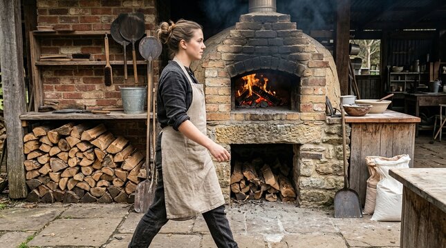Female chef in linen apron walking past brick wood-fired pizza oven with burning flames outdoor rustic kitchen setup stacked firewood traditional baking concept