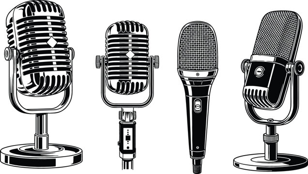 Professional Vintage Microphone Vector Set Featuring Classic Retro Dynamic and Condenser Mics for Podcasting Radio Broadcasting Music Recording Studio and Live Audio Performance Design Projects.