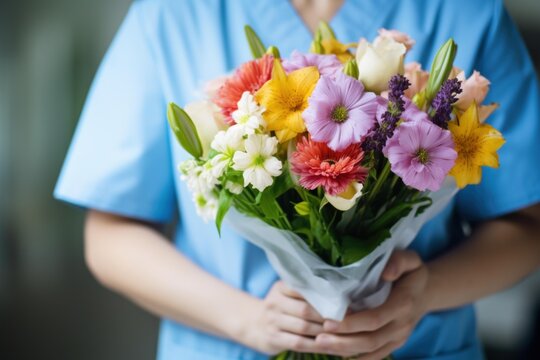 Medical professional in blue scrubs holding a colorful flower bouquet as a gift