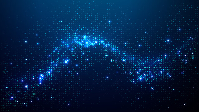 Abstract blue technology background with glowing digital dot grid and pixel pattern. Futuristic navy data texture for AI, tech interface, big data visualization, cyber network, innovation presentation