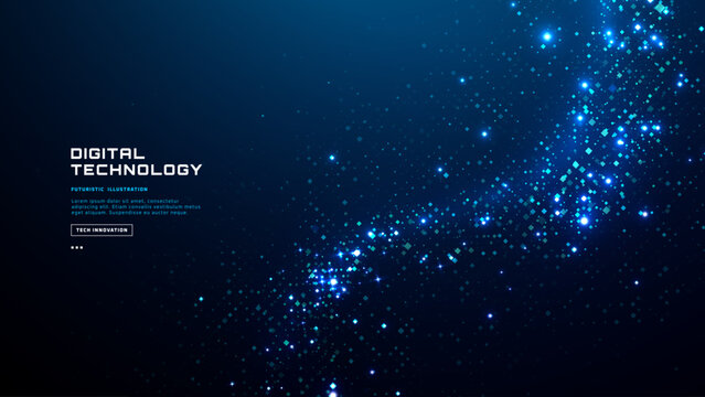 Futuristic blue tech background with abstract digital texture, glowing dots and pixel grid pattern. Modern navy AI data wallpaper for virtual technology interface, science, business presentation