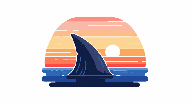 Stylized shark fin emerges from blue water against a sunset