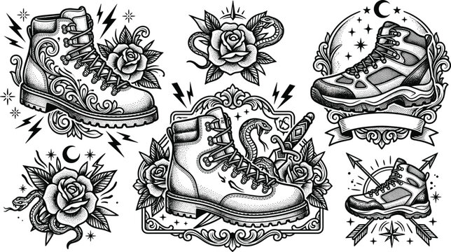 Old School Traditional Tattoo Style Hiking Boots Vector Flash Set with Ornate Roses Snakes Daggers and Moon Stars Graphic Elements