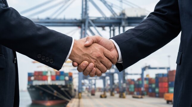 Business handshake between partners at a commercial shipping port with cargo containers and freight vessel in the background. Global trade, logistics, export, import and international partnership