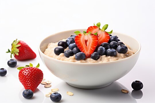 Healthy breakfast bowl of oatmeal topped with ripe strawberries and fresh blueberries