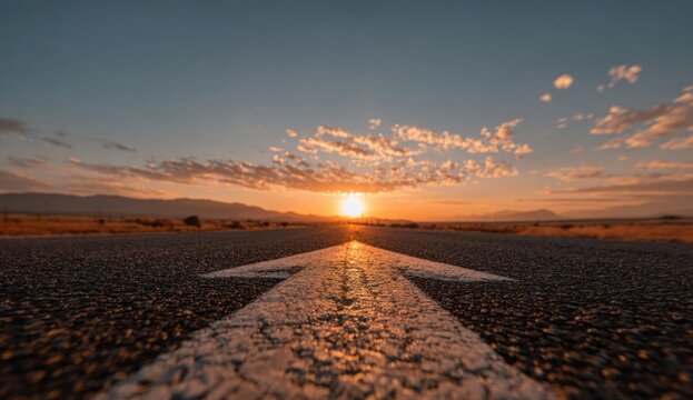 A solitary road stretches towards a vibrant sunset, creating a and inviting pathway across a textured asphalt surface