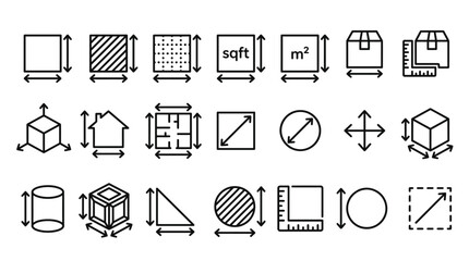 Dimension, area and perimeter measure concept editable stroke outline icons set isolated on white background flat vector illustration © SOHAG 