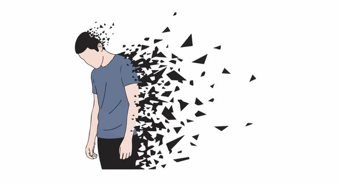 A figure dissipates into black shards against a white backdrop