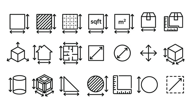 Dimension, area and perimeter measure concept editable stroke outline icons set isolated on white background flat vector illustration