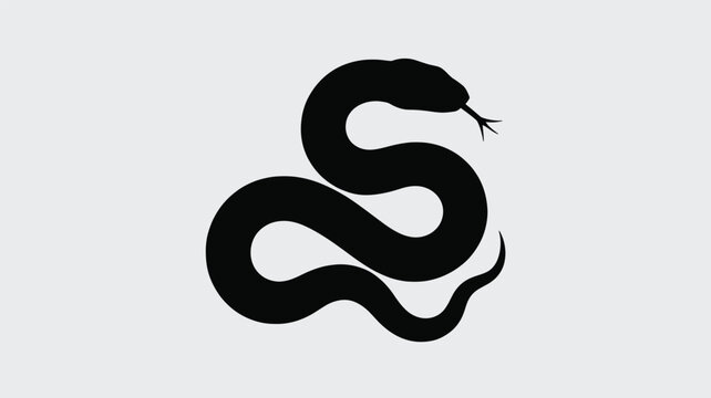 Minimalist black snake silhouette illustration showing a coiled serpent with a flicking tongue created in a clean vector graphic style