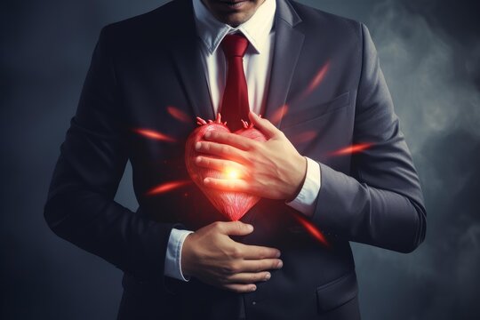 Business man suffering from chest pain clutching a glowing red heart