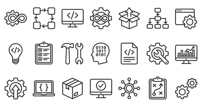 DevOps methodology and software development concept editable stroke outline icons set isolated on white background flat vector illustration