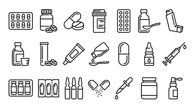 Pharmaceutical dosage forms editable stroke outline icon set