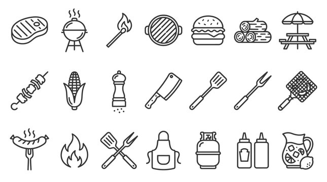 BBQ barbecue and grill related editable stroke outline icons set isolated on white background flat vector illustration.