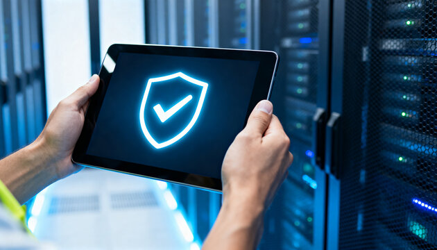 A person holds a tablet displaying a glowing security shield with a checkmark icon in a modern server room, symbolizing robust data protection and cybersecurity measures.