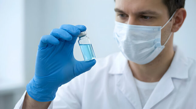 Scientist in mask holding glass vial with blue liquid, isolated on transparent background. Generated with AI